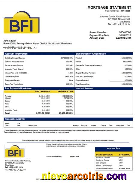 Mauritania Banque des Financements Islamiques (BFI) mortgage statement Word and PDF template
